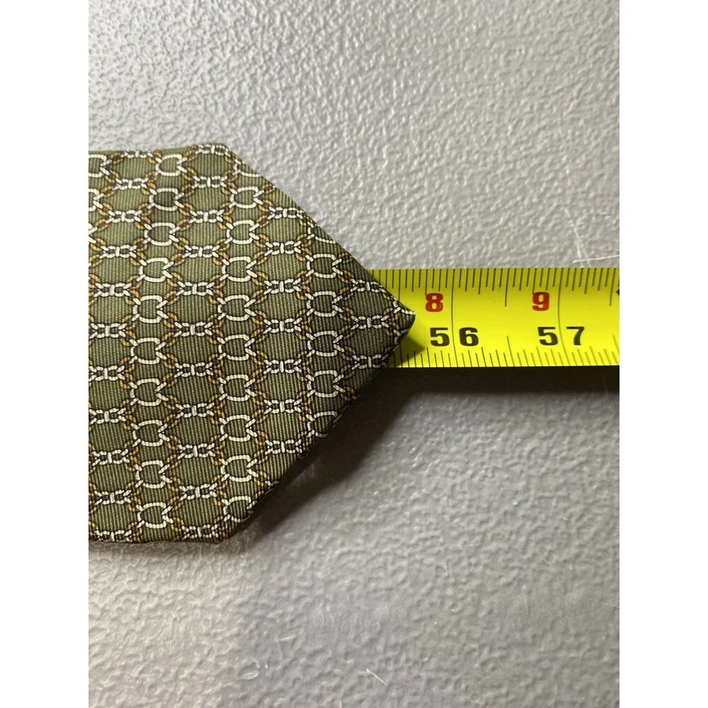 Saks Fifth Avenue Silk Tie Geometric Chain Bridle Motif Vintage Mens Green Gold